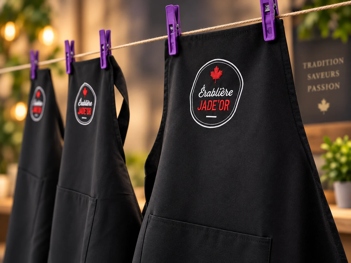 Black aprons bearing the Érablière JADE’OR logo