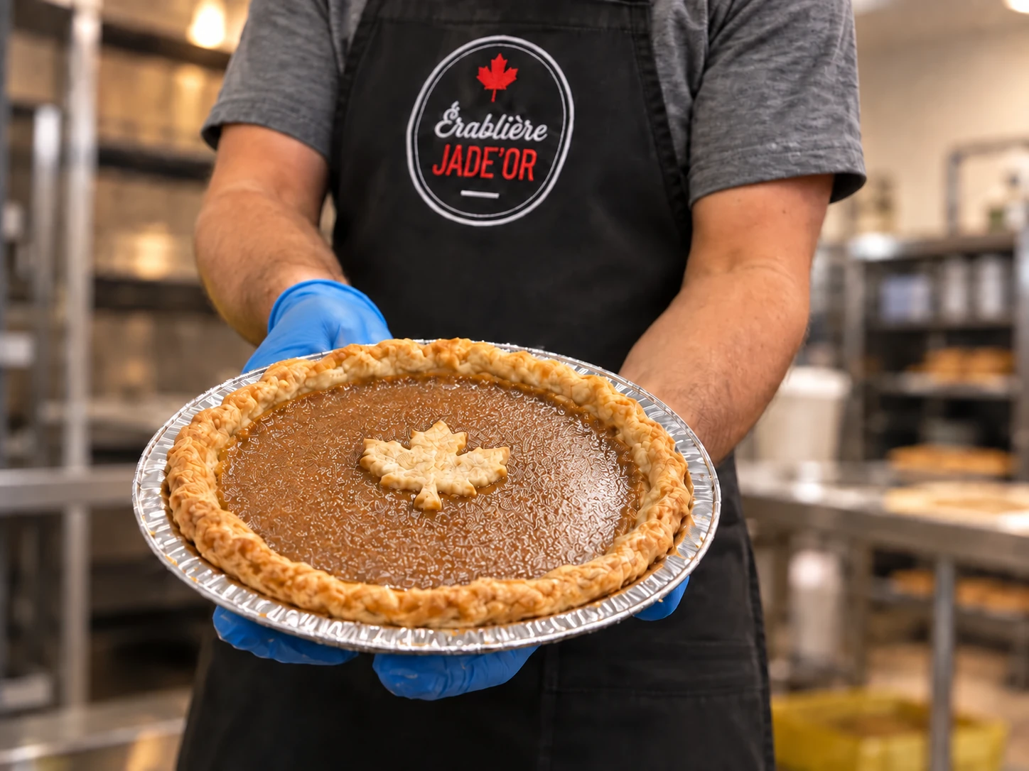 Maple sugar pie presented in front of a JADE’OR branded apron